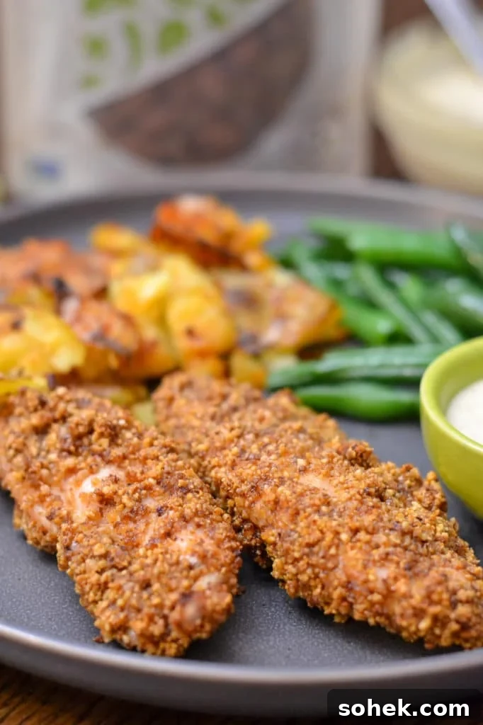 Garlic Almond Chicken Tenders with Roasted Garlic Aioli Recipe 4 Tenders on baking sheet