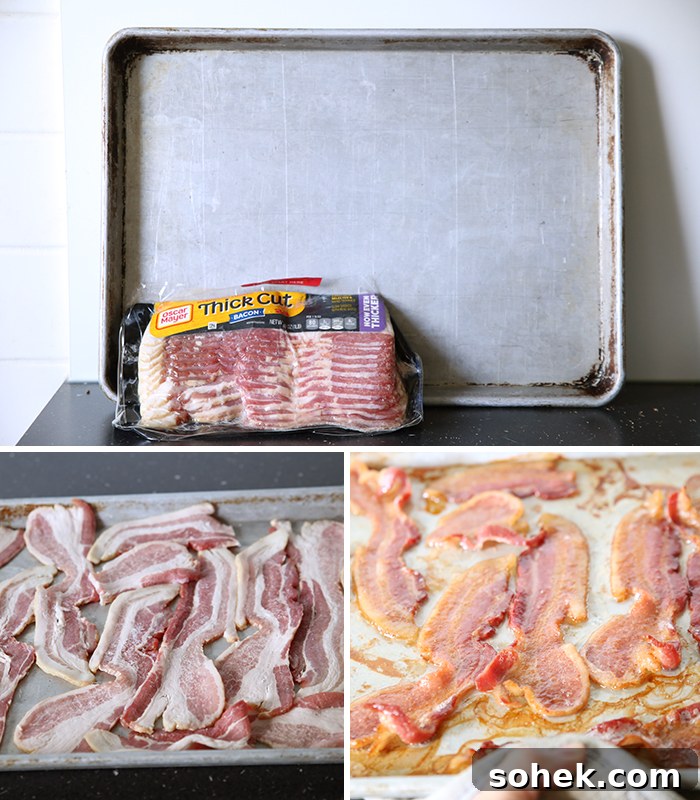 3-photo picture collage of step-by-step photos on How to Cook Bacon in the Oven.