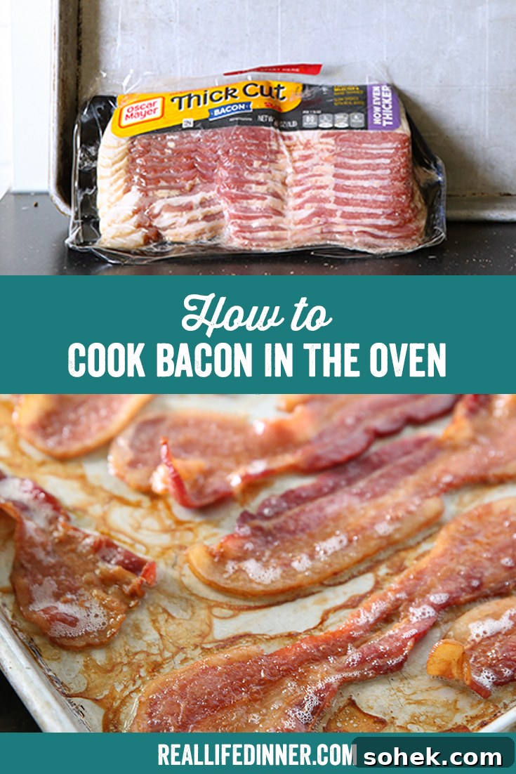 Two-photo Pinterest picture with the text "How to Cook Bacon in the Oven" in the middle.