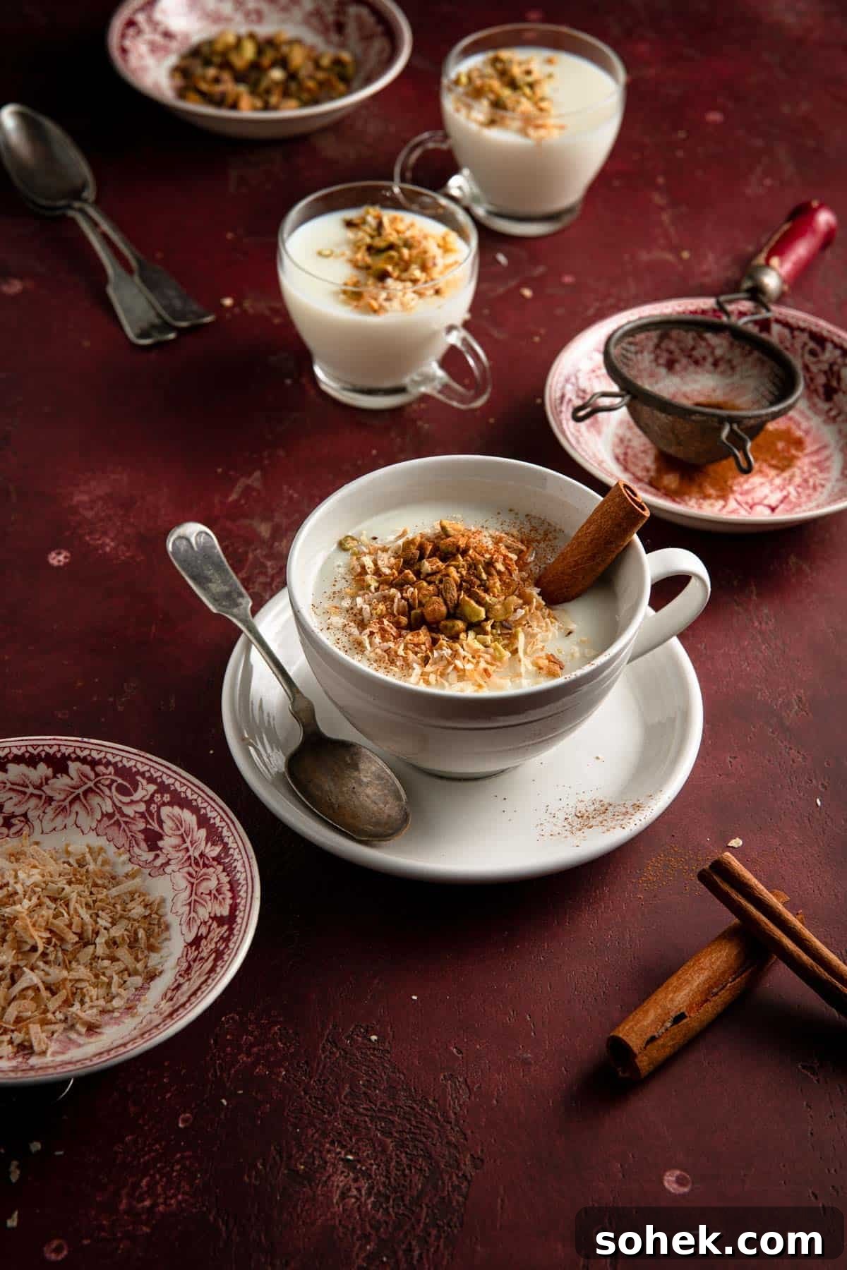 Sahlab: Creamy Middle Eastern Pudding Recipe for Cozy Nights 4 Cups with warm milk drink and bowls filled with toppings.