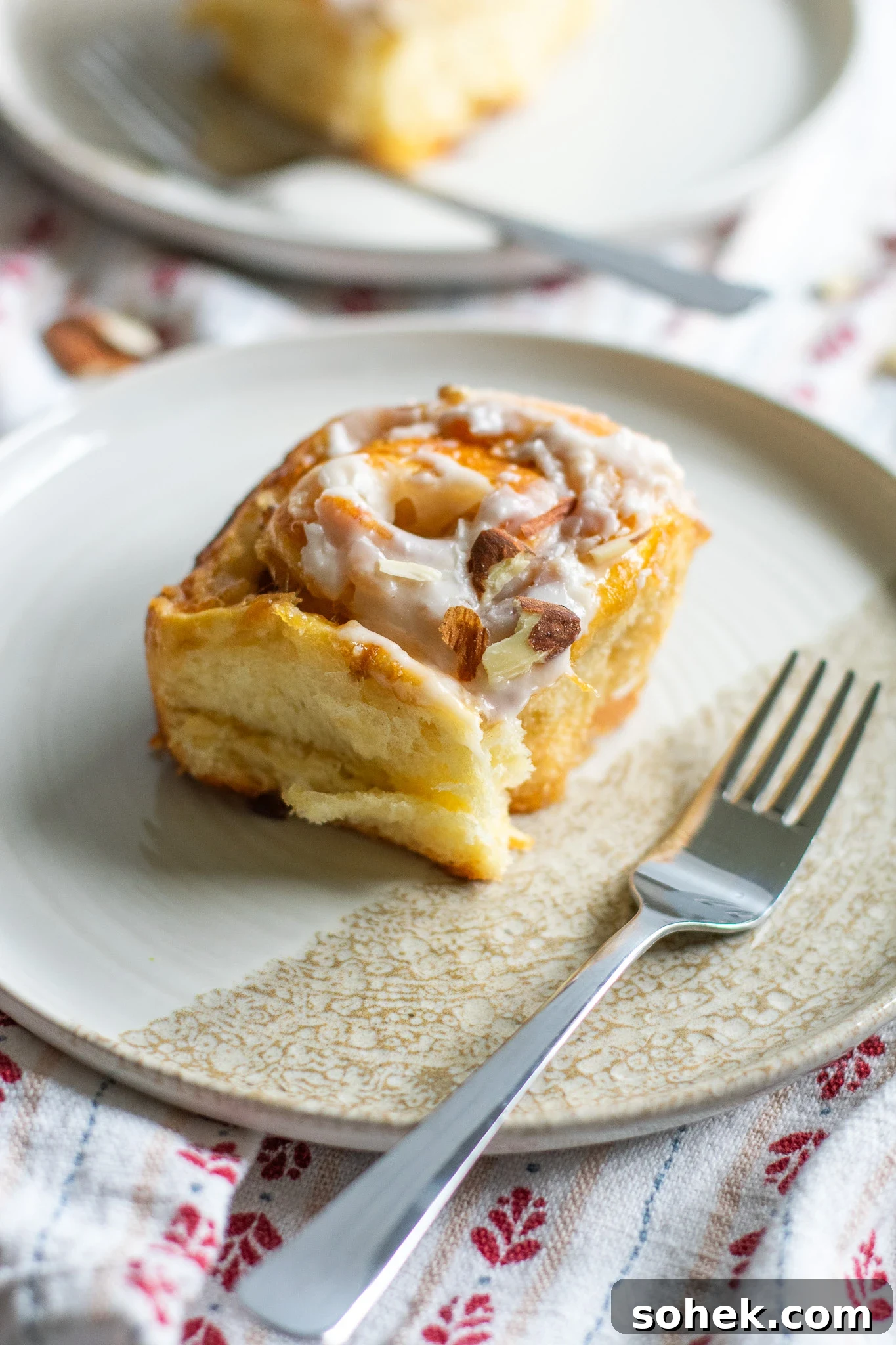 Rhubarb Almond Buns (Rabarber Scones with Almond Filling) 9 A rhubarb and marzipan swirl on a plate.