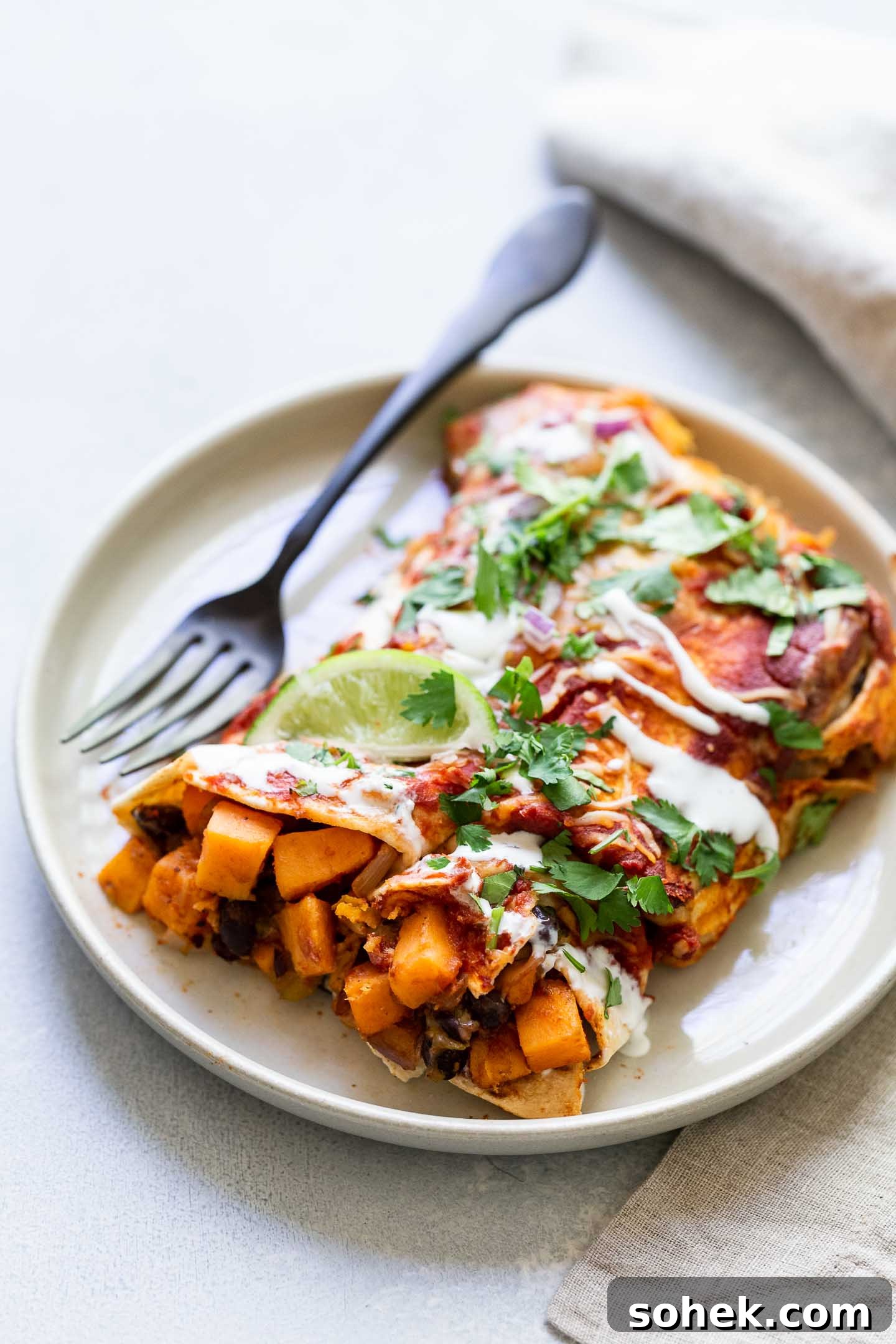 Sweet Potato Enchilada Casserole Recipe — Layered Comfort Bake 2 A serving of sweet potato enchiladas on a plate.
