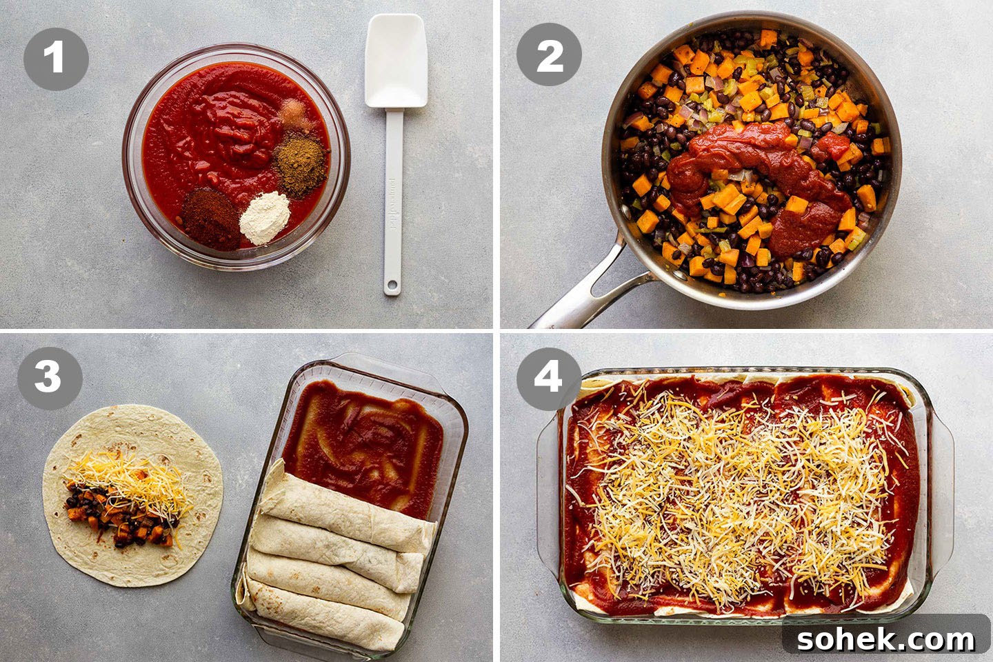 Sweet Potato Enchilada Casserole Recipe — Layered Comfort Bake 3 Step-by-step photos of how to make sweet potato enchiladas.