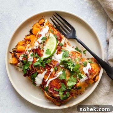 Sweet Potato Enchilada Casserole Recipe — Layered Comfort Bake 6 sweet potato enchiladas on a plate with a fork and napkin