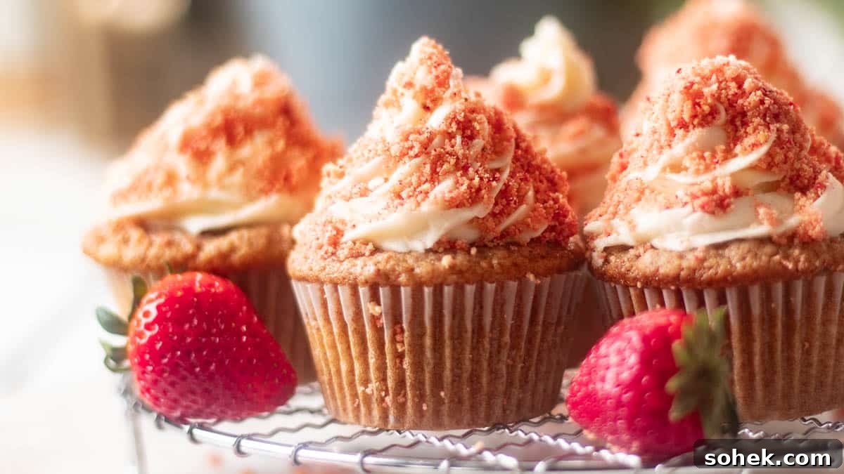 Strawberry Crunch Cupcakes Recipe with Crispy Topping 3 Freshly baked strawberry crunch cupcakes topped with creamy frosting and red crumbs, displayed on a cooling rack.