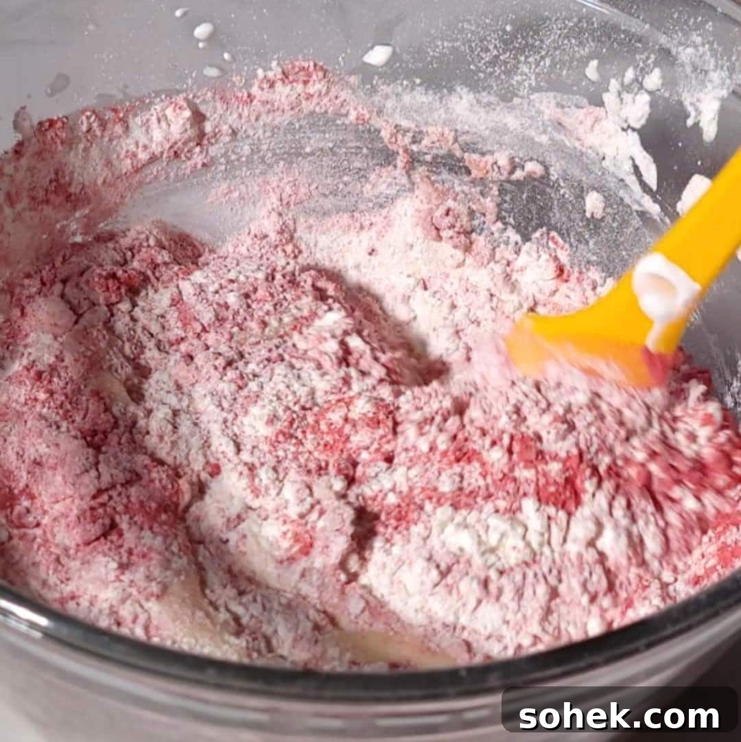 Strawberry Crunch Cupcakes Recipe with Crispy Topping 9 Combining dry ingredients with strawberry pieces to make strawberry crunch cupcake batter.