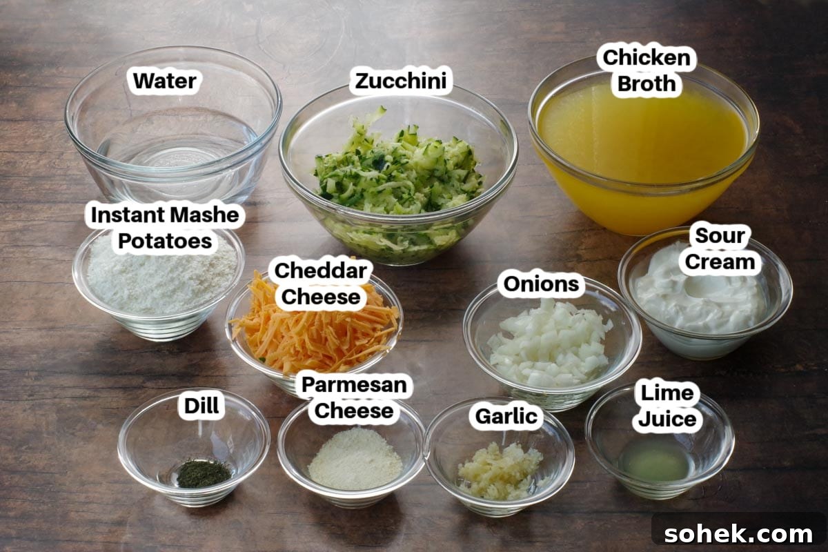 Zucchini and Potato Soup with Fresh Dill Recipe 3 ingredients in Zucchini Potato Soup in glass bowls, labelled