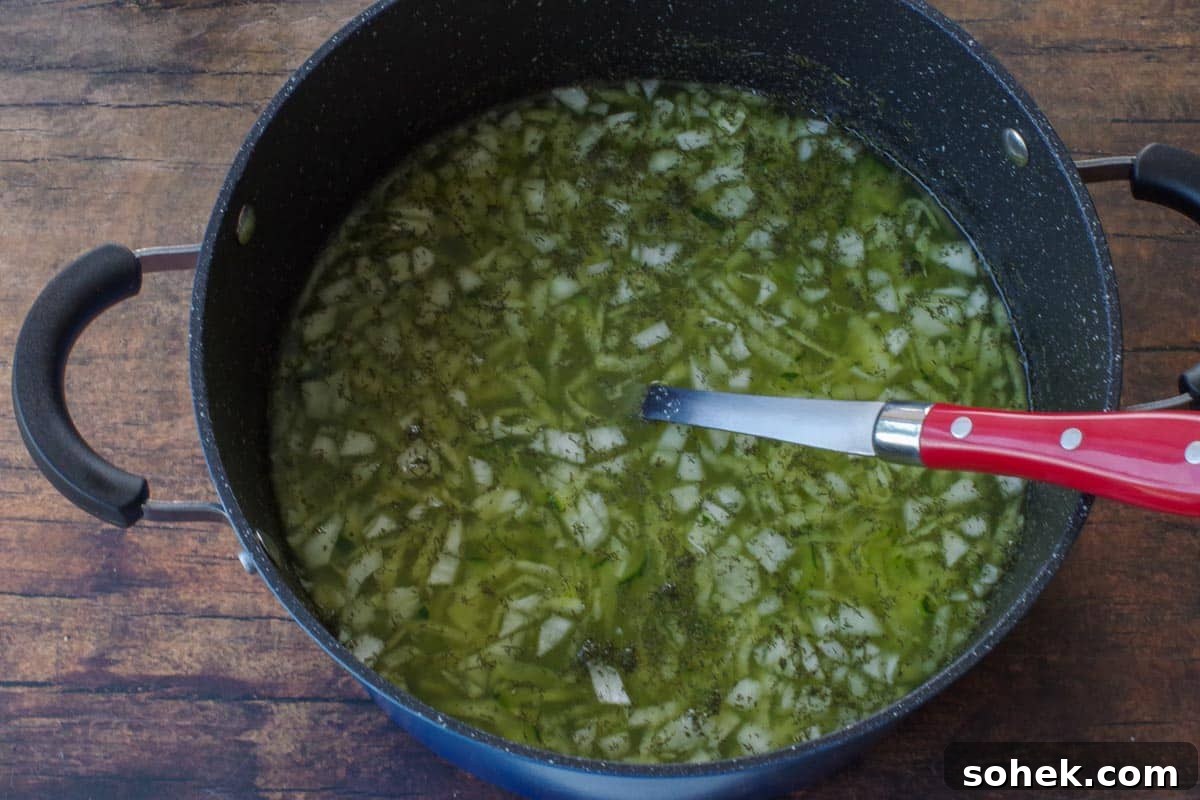 Zucchini and Potato Soup with Fresh Dill Recipe 4 onion, chicken broth, dill, zucchini and water in pot