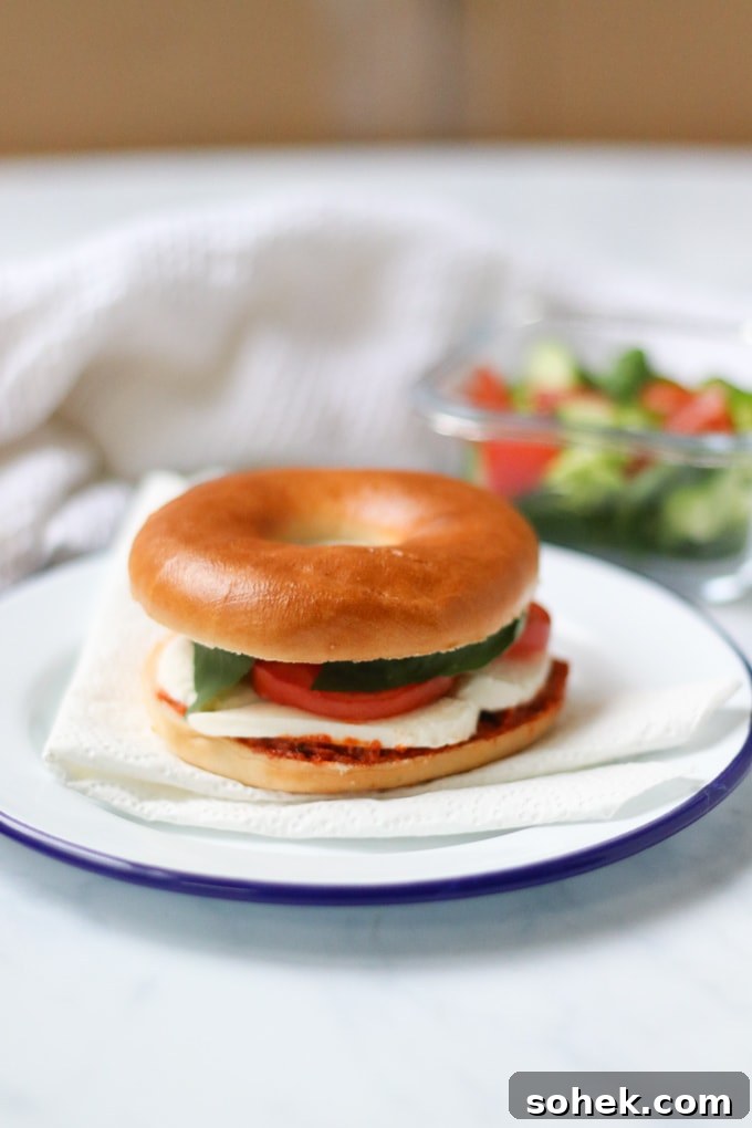 Pesto Caprese Bagel Recipe: Fresh Tomato, Mozzarella & Basil 2 Pesto Caprese Bagel
