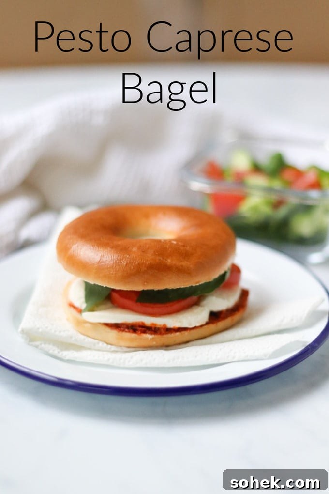 Pesto Caprese Bagel Recipe: Fresh Tomato, Mozzarella & Basil 7 Pesto Caprese Bagel Pinterest Pin