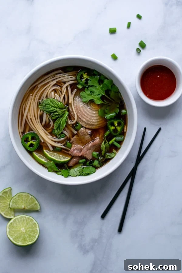 bowl of beef pho in a large bowl with green garnishes