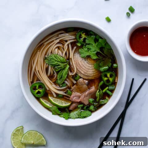 bowl of beef pho with bright green garnishes