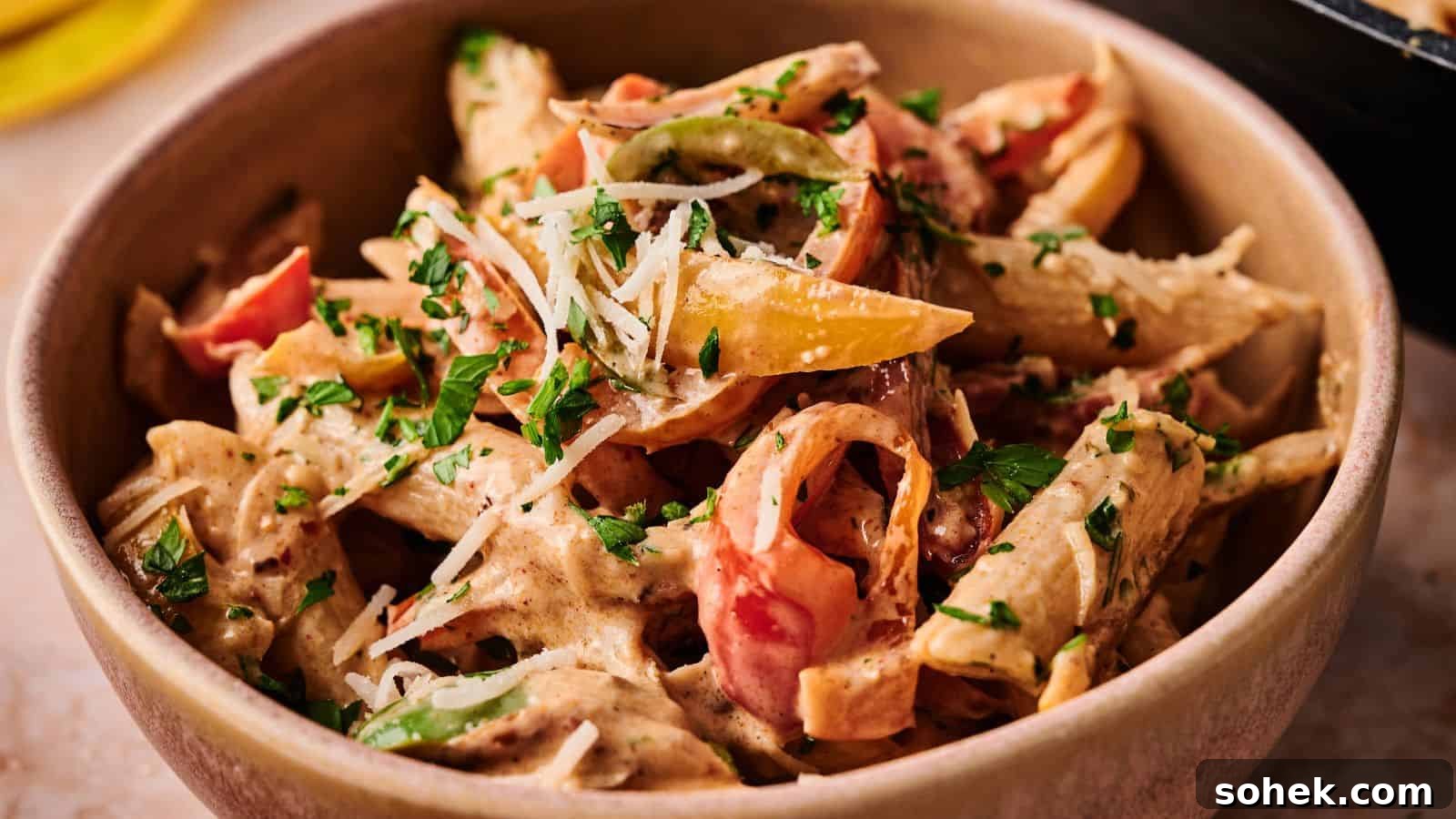 33 Quick Chicken Dinners for Busy Nights When You’re Tired but Hungry 11 A bowl of penne pasta with creamy sauce, sliced bell peppers, and fresh parsley, topped with grated cheese.