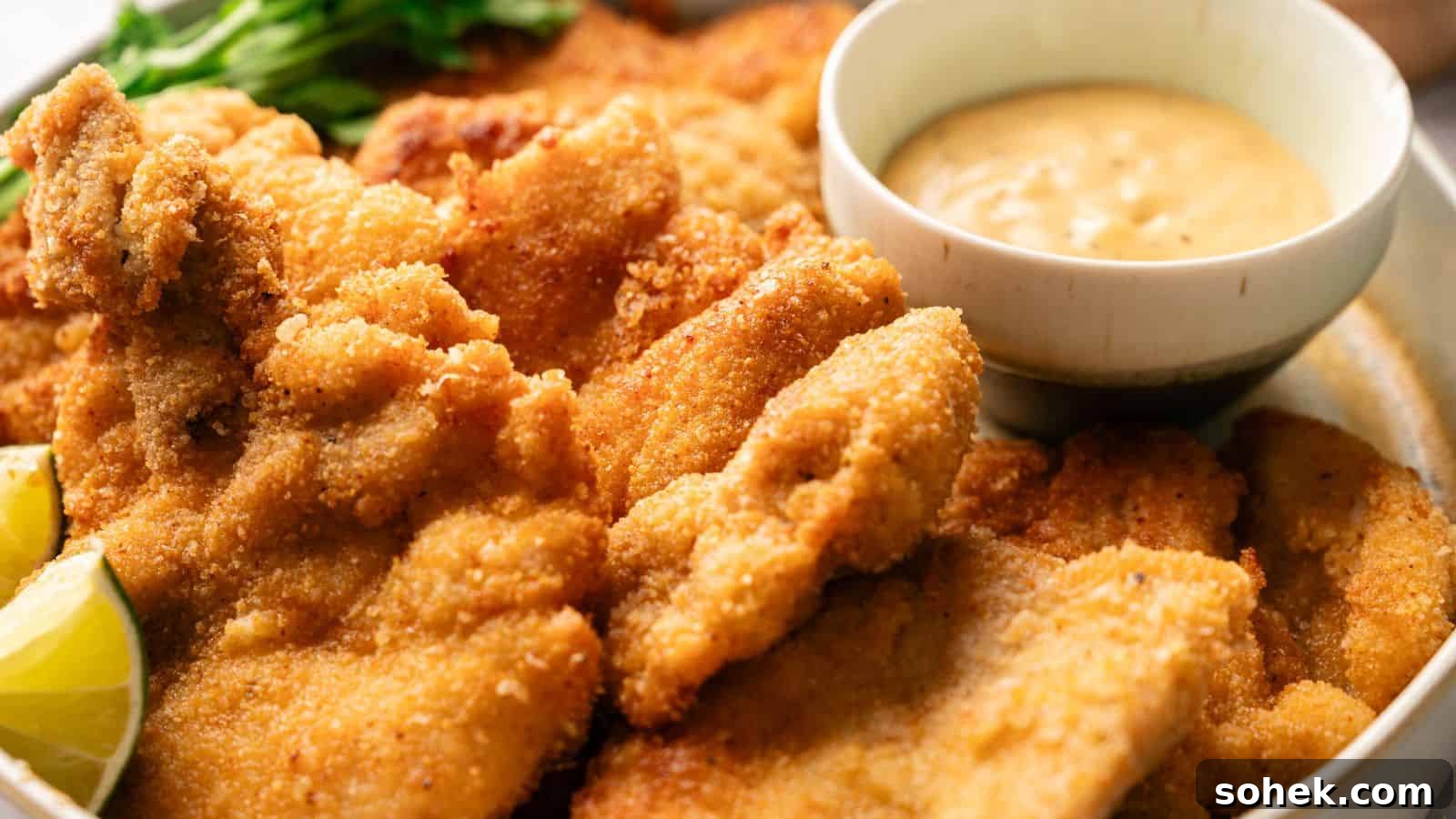 33 Quick Chicken Dinners for Busy Nights When You’re Tired but Hungry 14 A plate of breaded and fried chicken cutlets served with lemon wedges, a bowl of dipping sauce, and greens in the background.