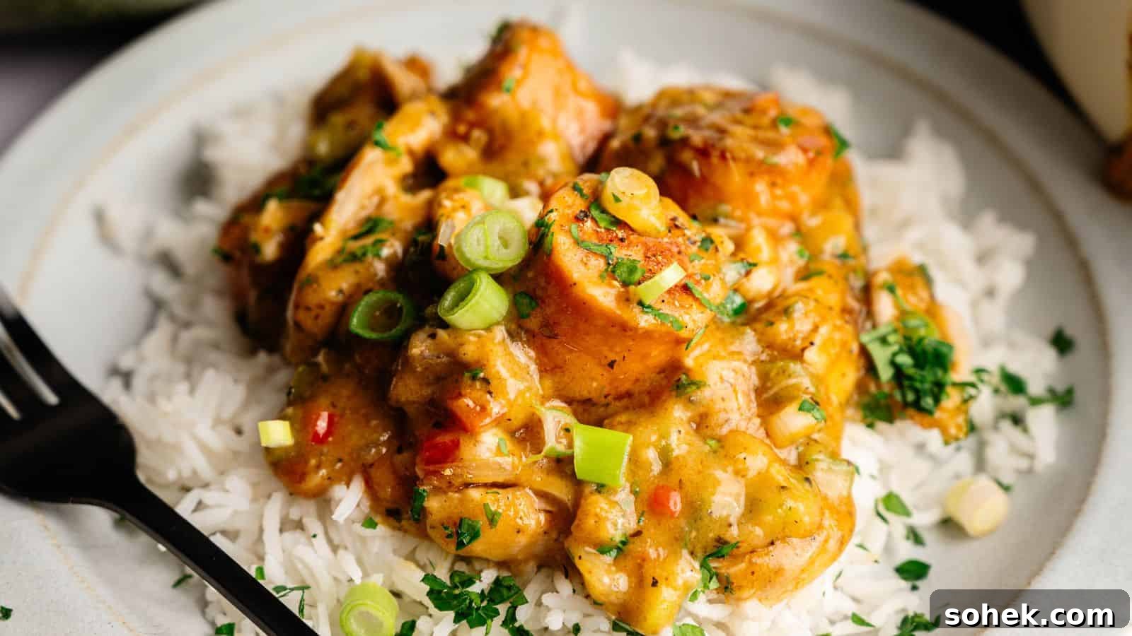 33 Quick Chicken Dinners for Busy Nights When You’re Tired but Hungry 15 A plate of white rice topped with chunks of chicken in a yellow curry sauce, garnished with chopped green onions and herbs. A black fork is placed on the side.