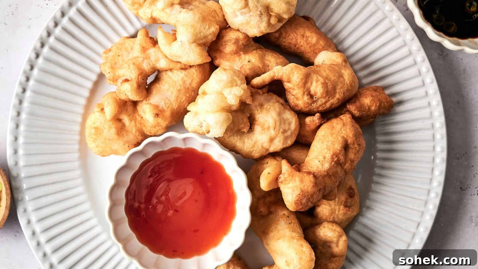 33 Quick Chicken Dinners for Busy Nights When You’re Tired but Hungry 20 Plate of batter-fried fritters with a bowl of red dipping sauce on a white plate, viewed from above.