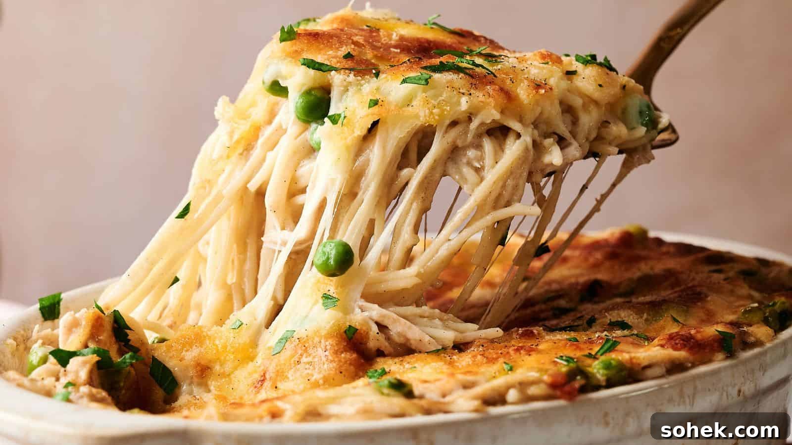 33 Quick Chicken Dinners for Busy Nights When You’re Tired but Hungry 3 A fork lifts a cheesy serving of baked pasta with peas and shredded chicken from a casserole dish, topped with melted cheese and herbs.