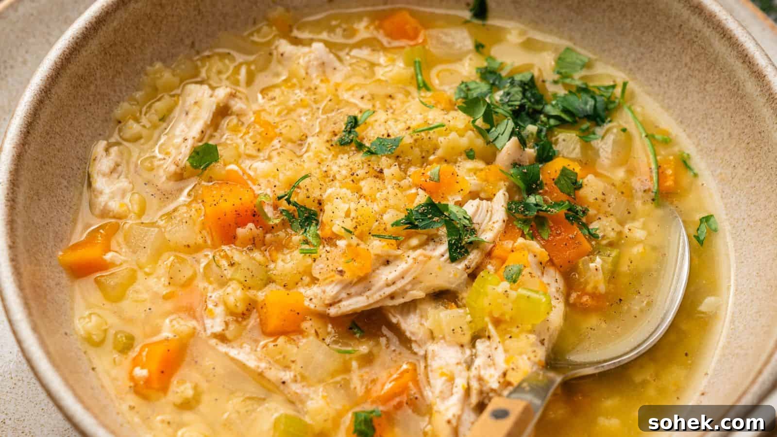 33 Quick Chicken Dinners for Busy Nights When You’re Tired but Hungry 21 A bowl of chicken and rice soup with chunks of chicken, diced carrots, celery, and parsley garnish, served with a spoon.