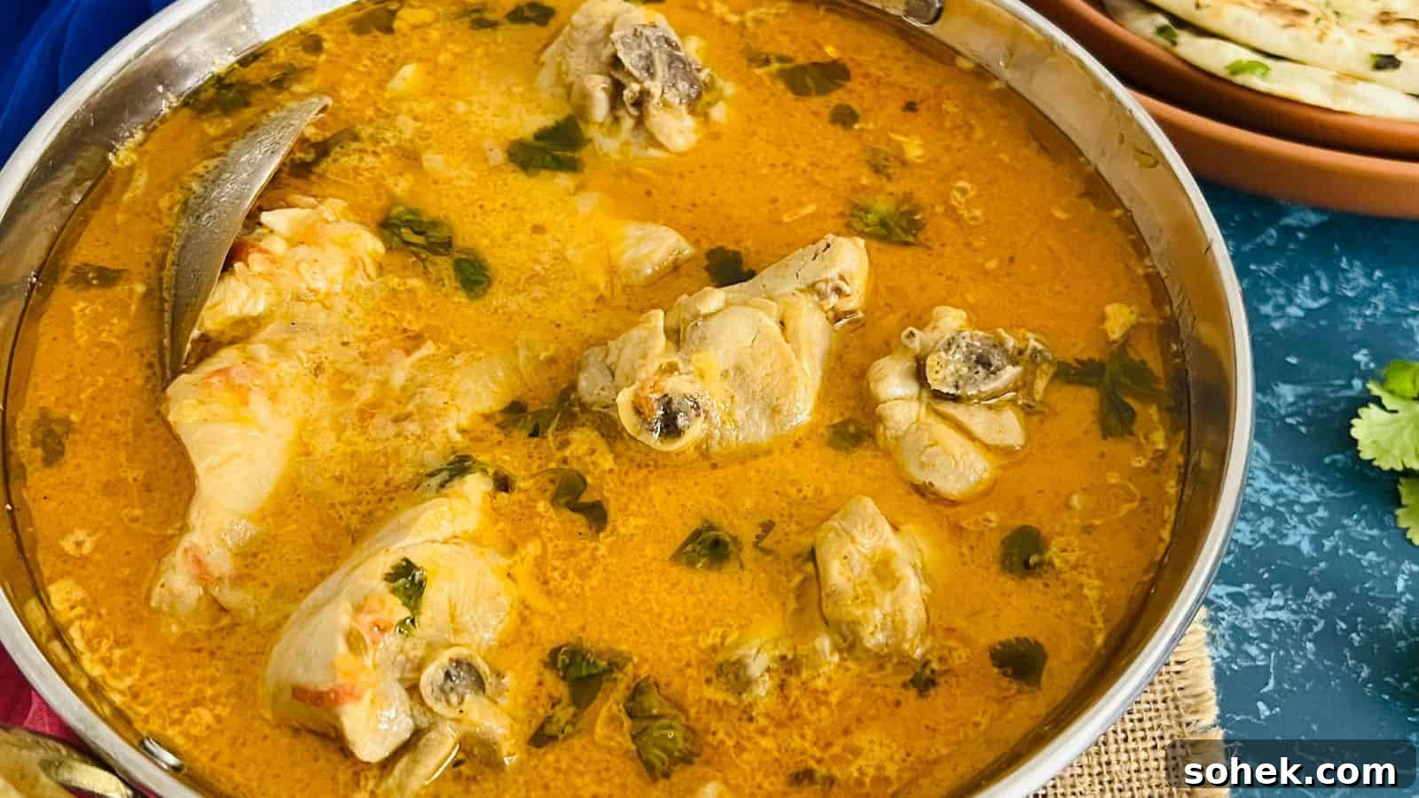33 Quick Chicken Dinners for Busy Nights When You’re Tired but Hungry 26 A bowl of traditional balti chicken garnished with cilantro, served next to naan bread on a blue tablecloth.