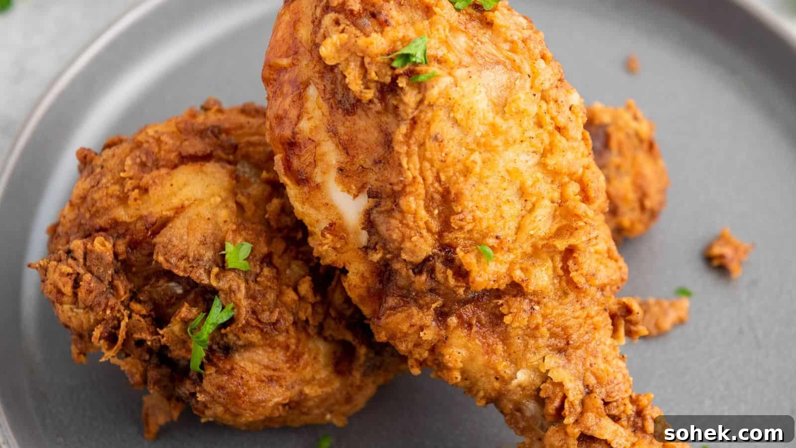 33 Quick Chicken Dinners for Busy Nights When You’re Tired but Hungry 29 Two pieces of fried chicken on a gray plate, garnished with small bits of green herbs.