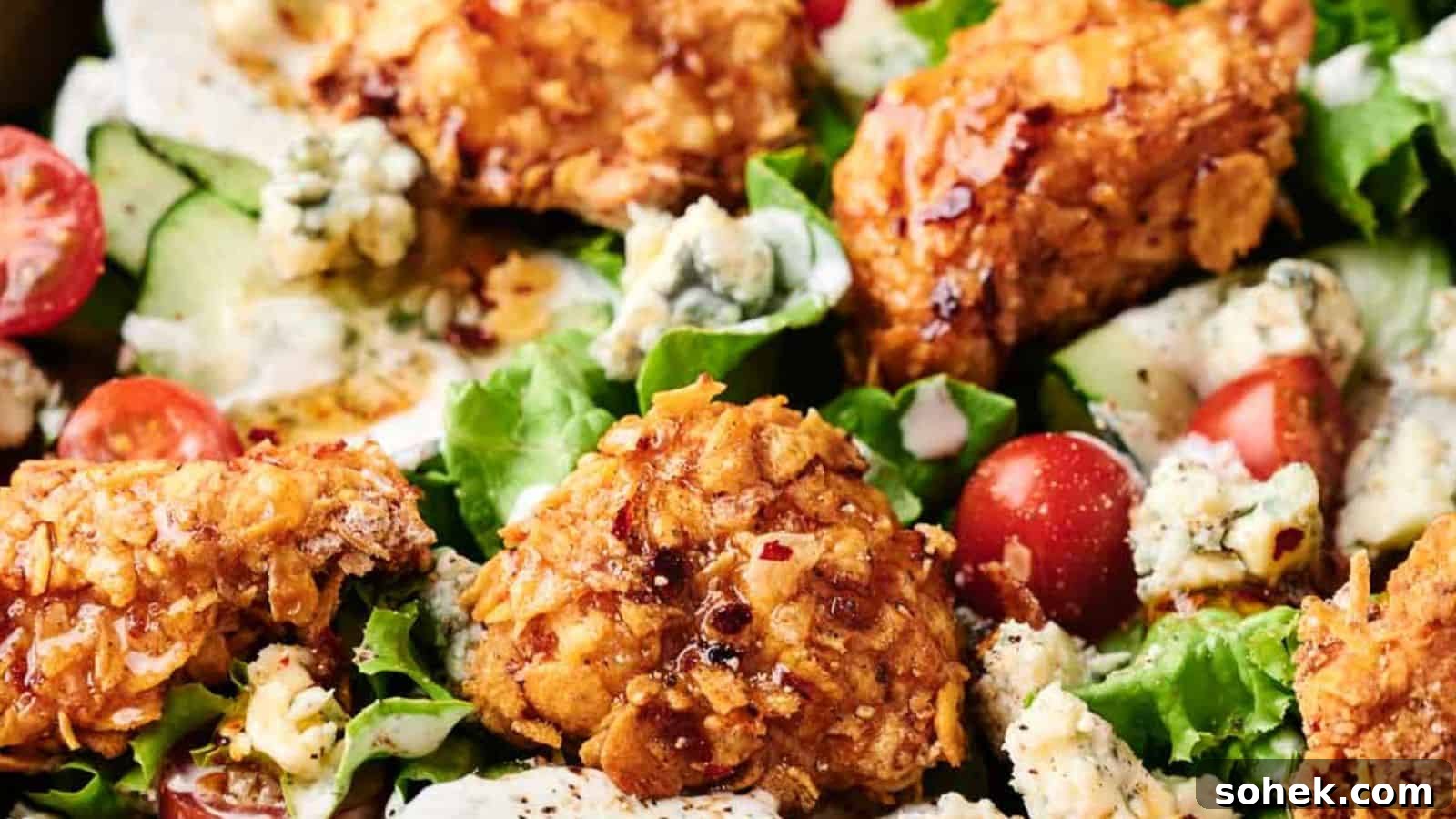 33 Quick Chicken Dinners for Busy Nights When You’re Tired but Hungry 4 A honey hot chicken salad with succulent fried chicken pieces, cherry tomatoes, blue cheese crumbles, cucumber slices, and mixed greens, all topped with a creamy dressing.