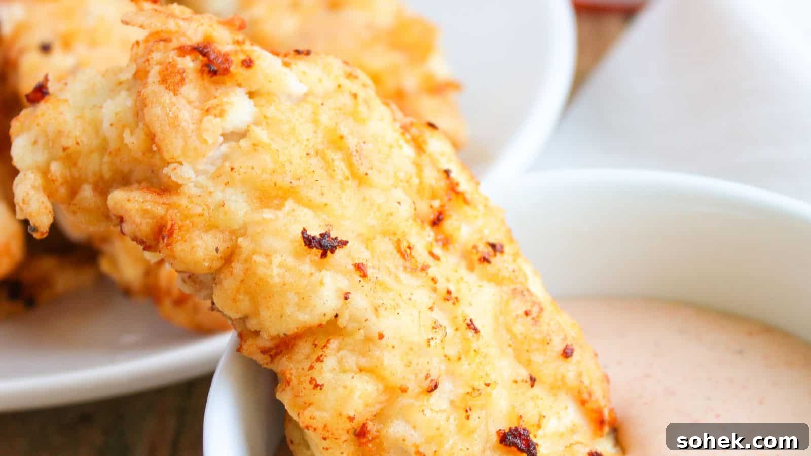 33 Quick Chicken Dinners for Busy Nights When You’re Tired but Hungry 35 A breaded and golden-brown fried chicken tender being dipped into a white sauce in a bowl, with more chicken tenders in the background.