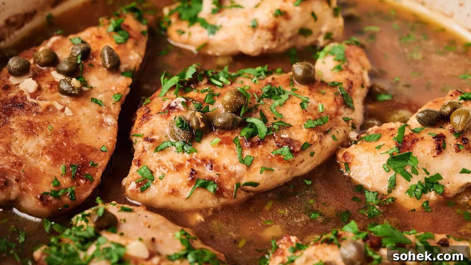 33 Quick Chicken Dinners for Busy Nights When You’re Tired but Hungry 7 Chicken breasts simmering in a brown sauce, topped with capers and chopped fresh herbs.