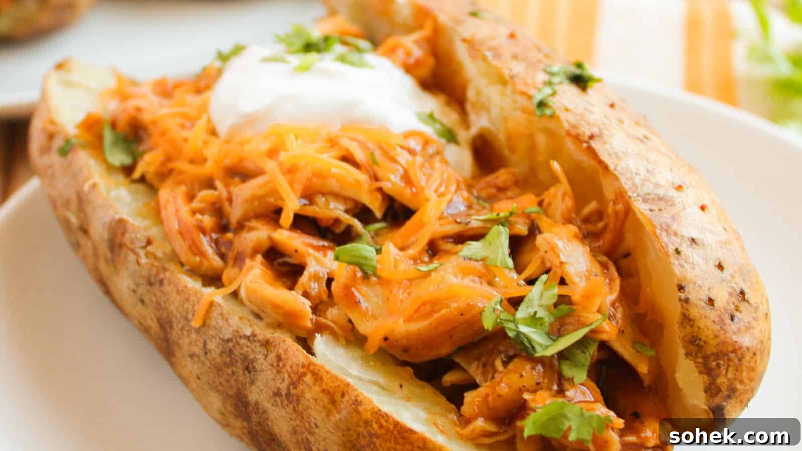 33 Quick Chicken Dinners for Busy Nights When You’re Tired but Hungry 10 A baked potato topped with shredded barbecue chicken, sour cream, and chopped herbs on a white plate.