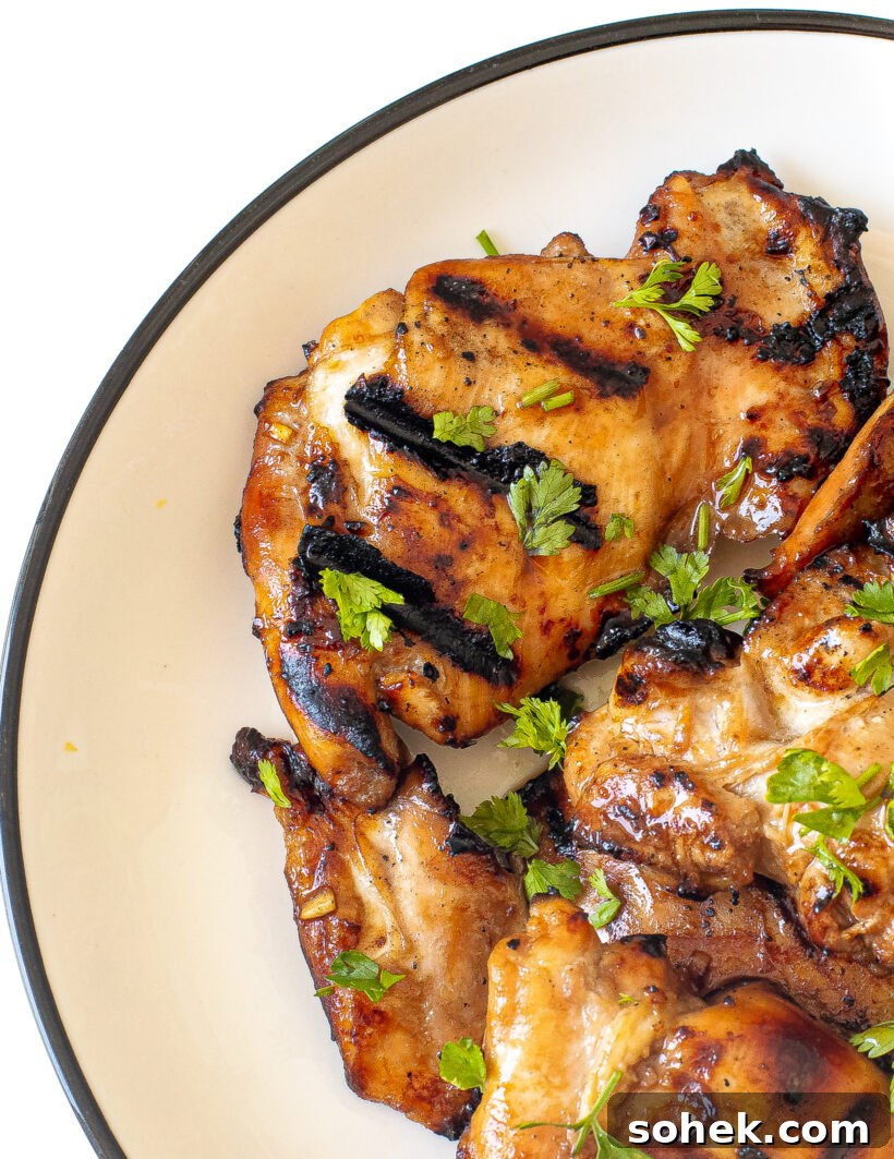 Honey-Lime Grilled Chicken with Sweet Citrus Glaze 2 Honey Lime Chicken thighs on a plate.