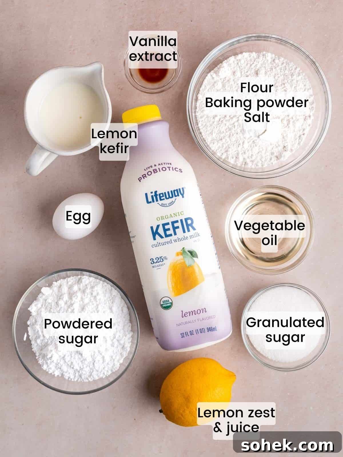 Ingredients needed to make baked lemon donuts with icing.