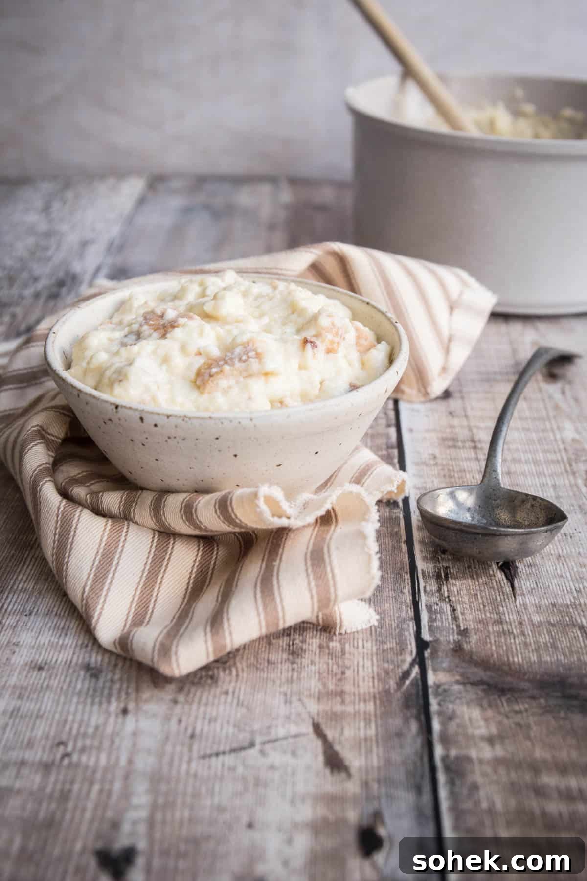 Classic Gluten-Free Bread Sauce Recipe for Roast Dinners 3 Bowl of bread sauce next to spoon.