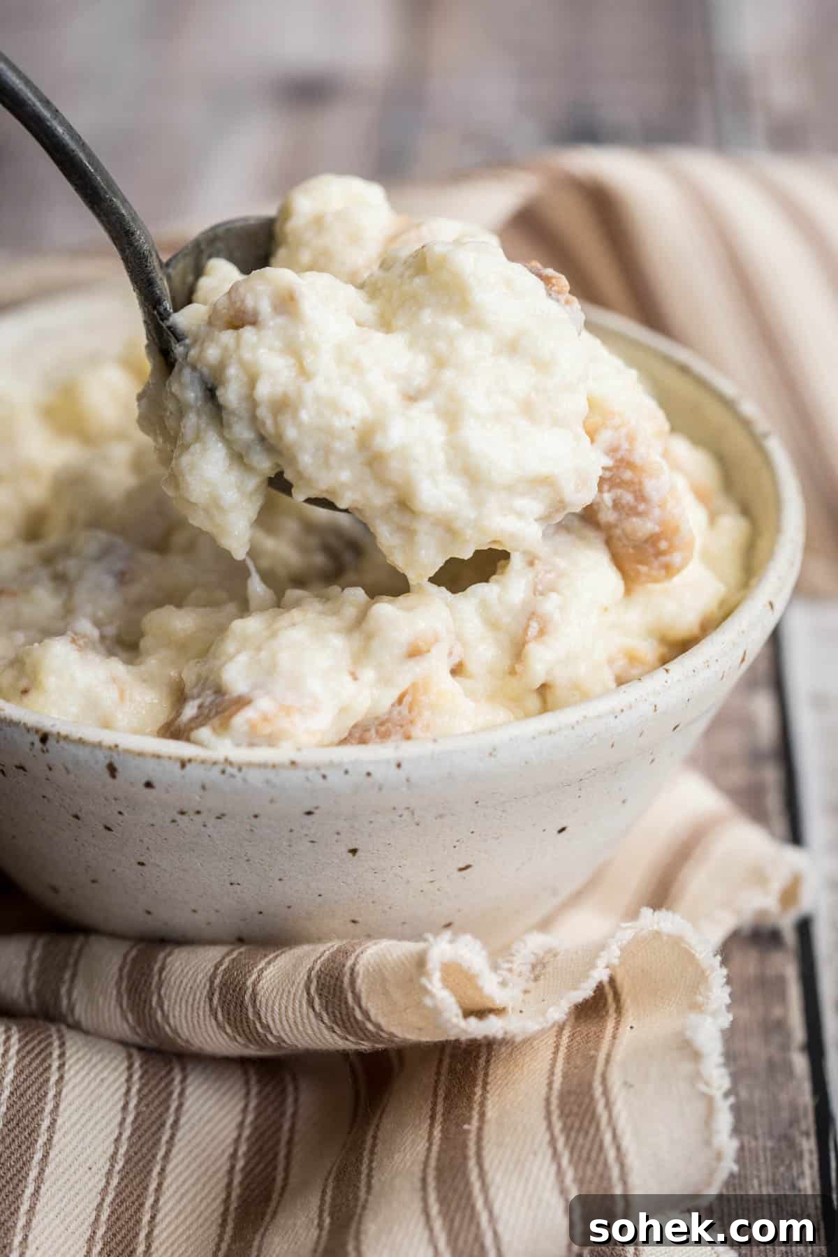 Classic Gluten-Free Bread Sauce Recipe for Roast Dinners 4 Bowl of bread sauce with spoon.