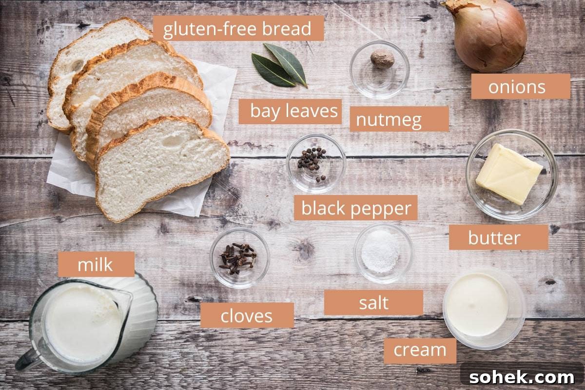 Classic Gluten-Free Bread Sauce Recipe for Roast Dinners 5 Bread sauce ingredients on table