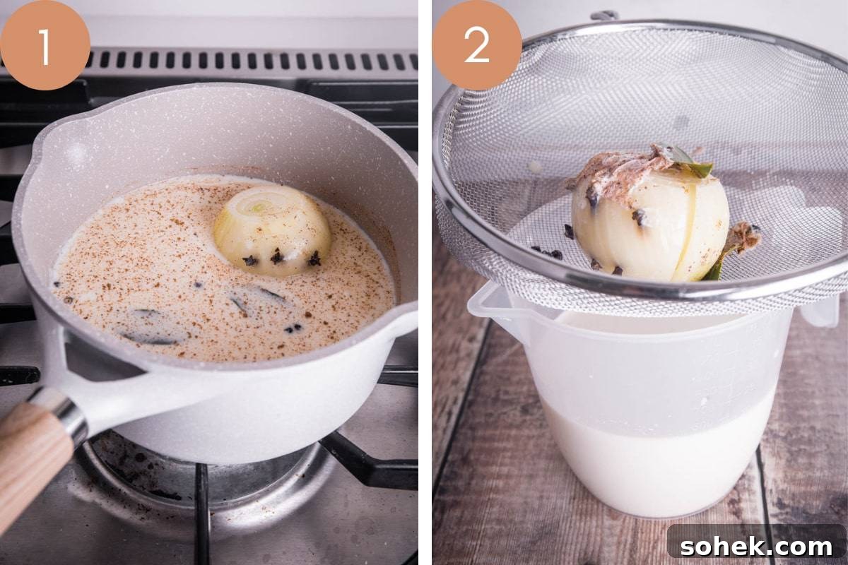 Classic Gluten-Free Bread Sauce Recipe for Roast Dinners 7 saucepan full of milk being infused. Then milk strained through jug