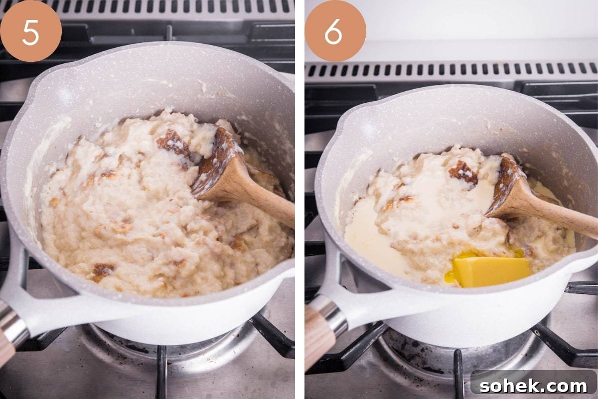 Classic Gluten-Free Bread Sauce Recipe for Roast Dinners 9 process images showing bread sauce being stirred in saucepan