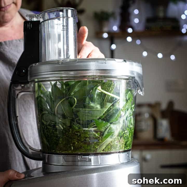 Wild Garlic Pesto: Simple Spring Sauce Recipe for Pasta & Bread 5 a food processor full of wild garlic ready to make ramson pesto