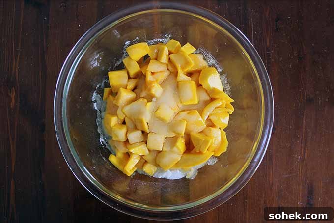 Combine the mango and sugar.