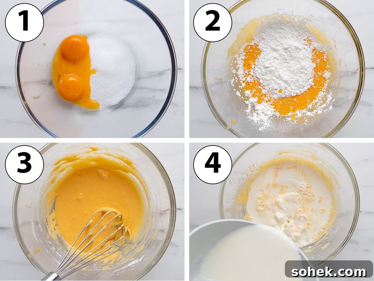 Process shot collage: mixing egg yolks, sugar and cornstarch then tempering with hot milk.