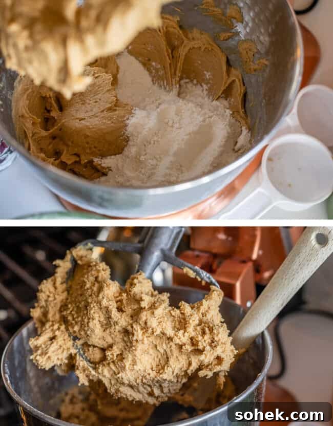 adding flour to cookie dough in a stand mixer, mixed dough on a paddle attachment.