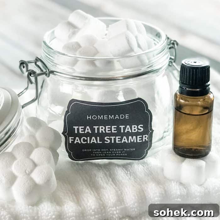 Tea Tree Acne Facial Tabs — Lush-Inspired Acne Treatment 9 homemade tea tree tabs facial steamer with essential oil in open glass jar with custom label next to essential oil bottle