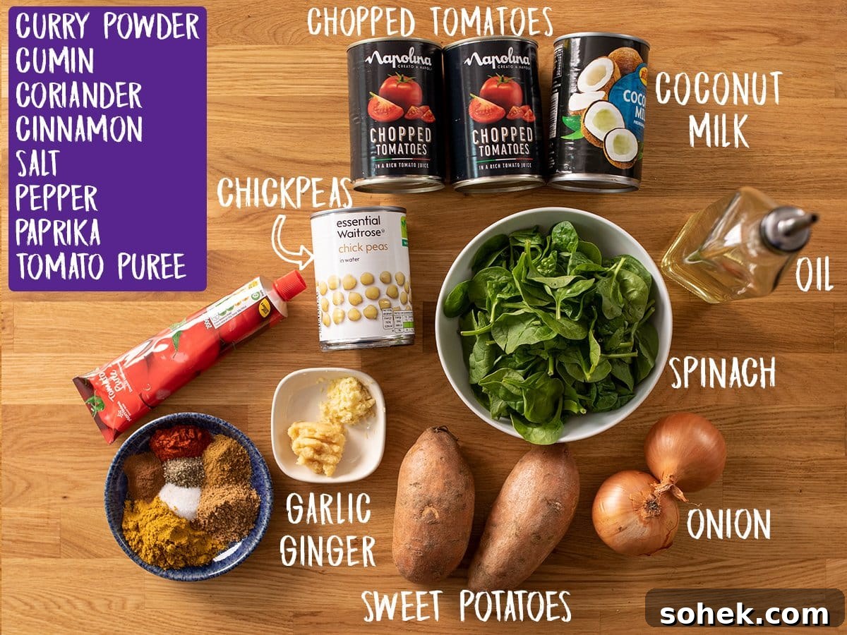 Ingredients for chickpea and sweet potato curry on a wooden table
