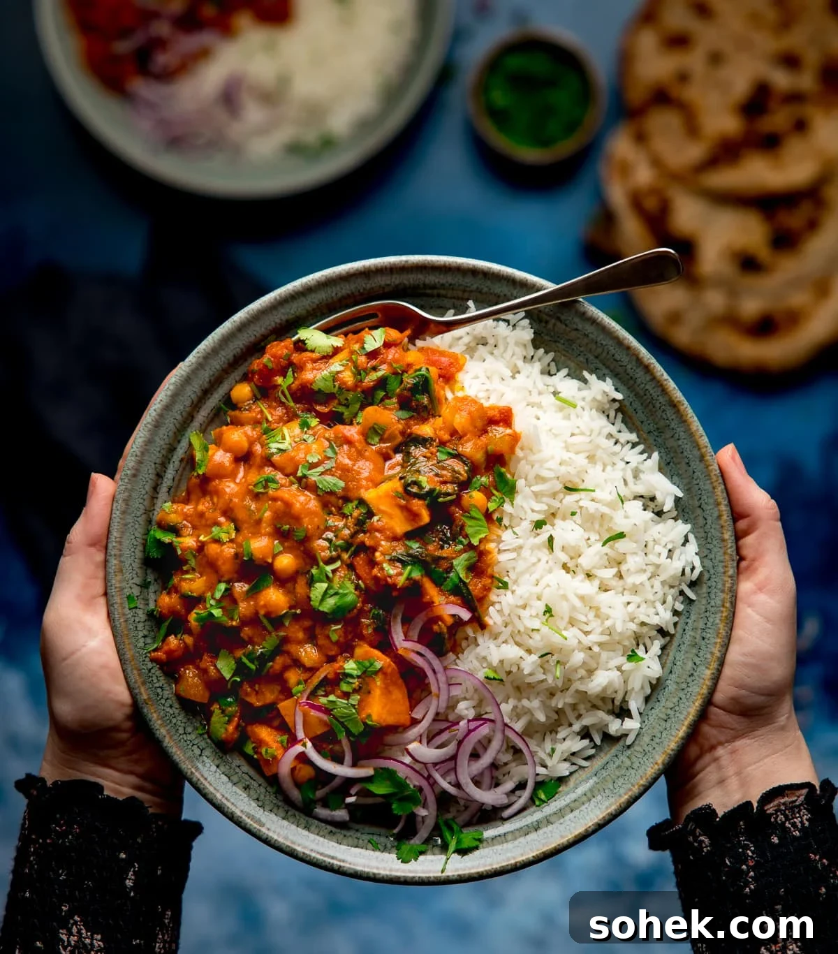 Bowl of chickpea and sweet potato curry with rice being held by two hands