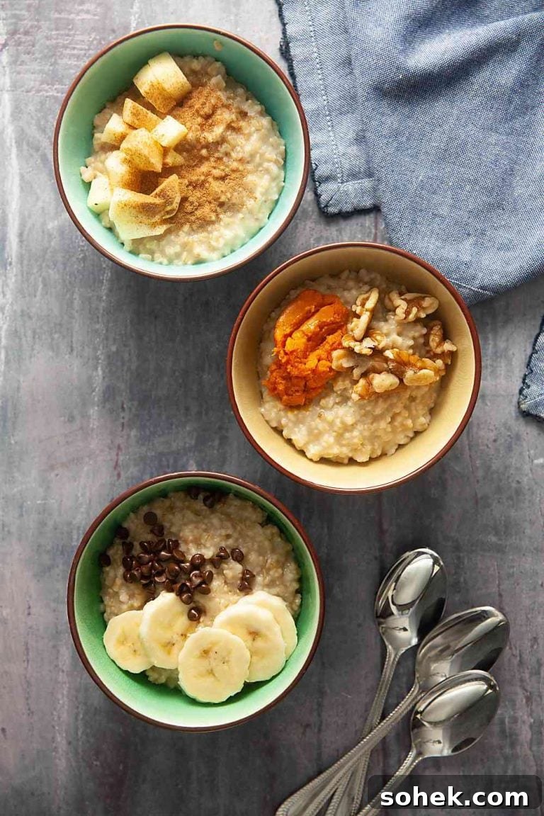 Instant Pot Steel-Cut Oats Recipe (Video Guide) 2 three bowls of instant pot steel cut oats with various toppings