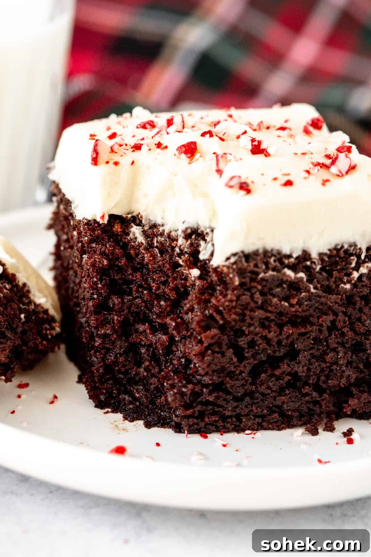 Slice of chocolate cake with white chocolate peppermint frosting and crushed candy canes on top