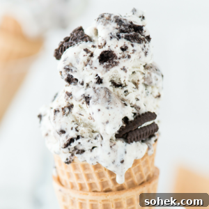 Homemade Oreo Ice Cream Recipe — Creamy Cookies & Cream Treat 2 A close-up of a waffle cone filled with Oreo ice cream, showing visible chunks of chocolate sandwich cookies mixed into the creamy white ice cream.