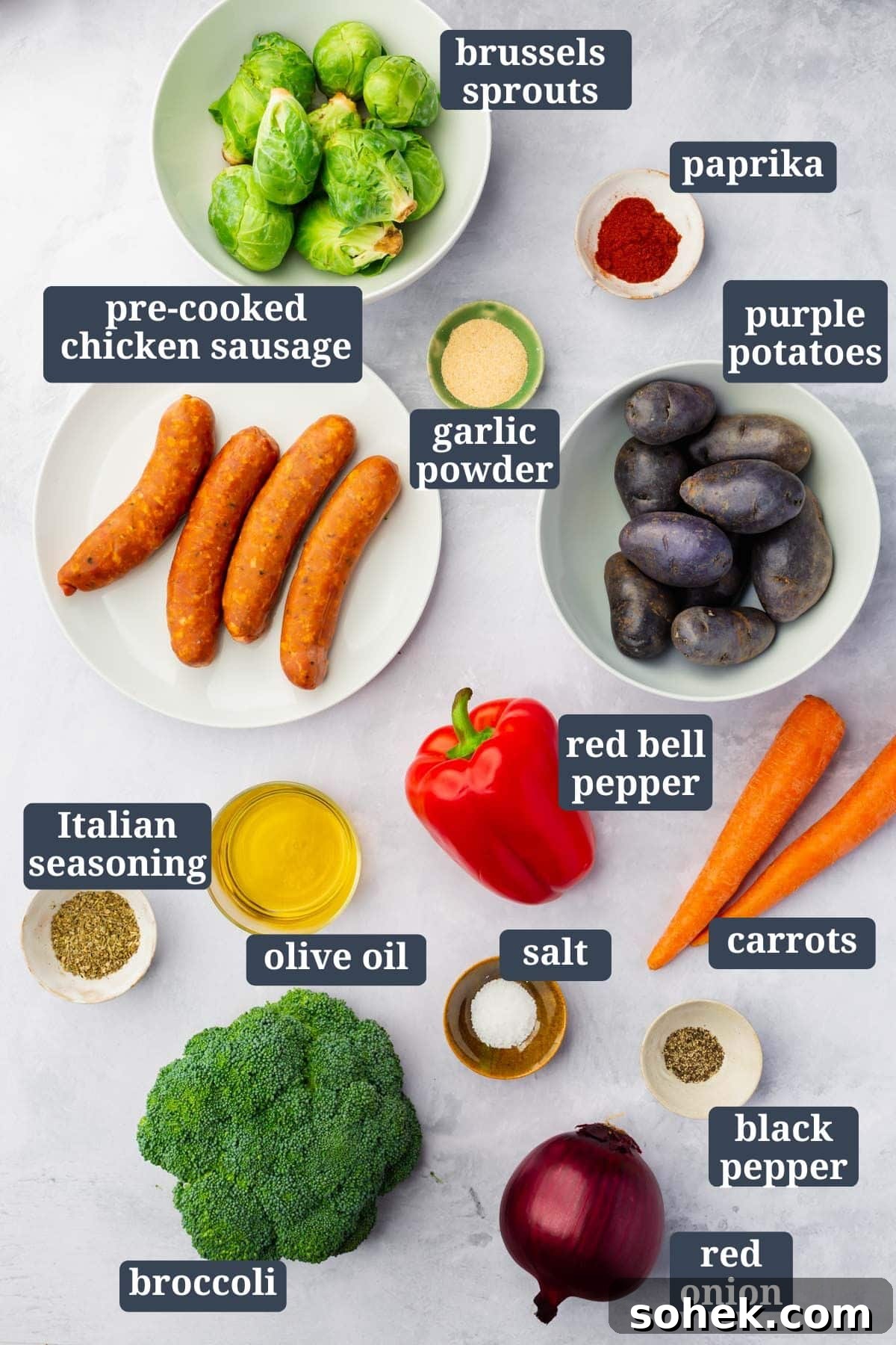 Sheet Pan Sausage and Roasted Vegetables with Herbs 3 Ingredients in bowls to make sheet pan roasted sausage and peppers with text overlays.