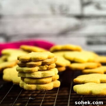 No-Chill Cut-Out Sugar Cookies Recipe — Soft, Ready-to-Roll 10 Gorgeous sugar cookies stacked beautifully on a cooling rack.