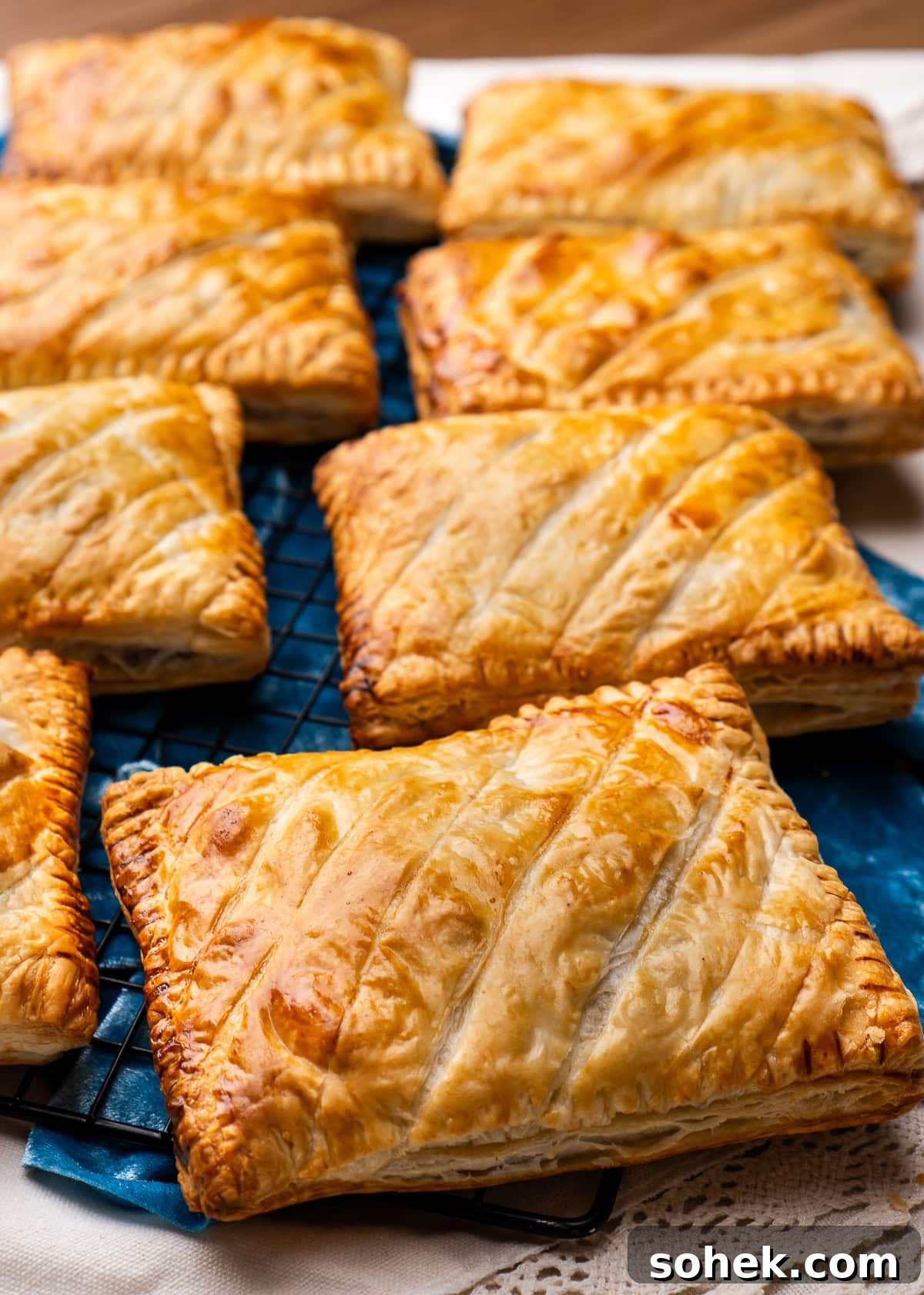 Greggs-Style Steak Bake Recipe: How to Make It at Home 2 Eight cooked steak bakes on a wire rack cooling off