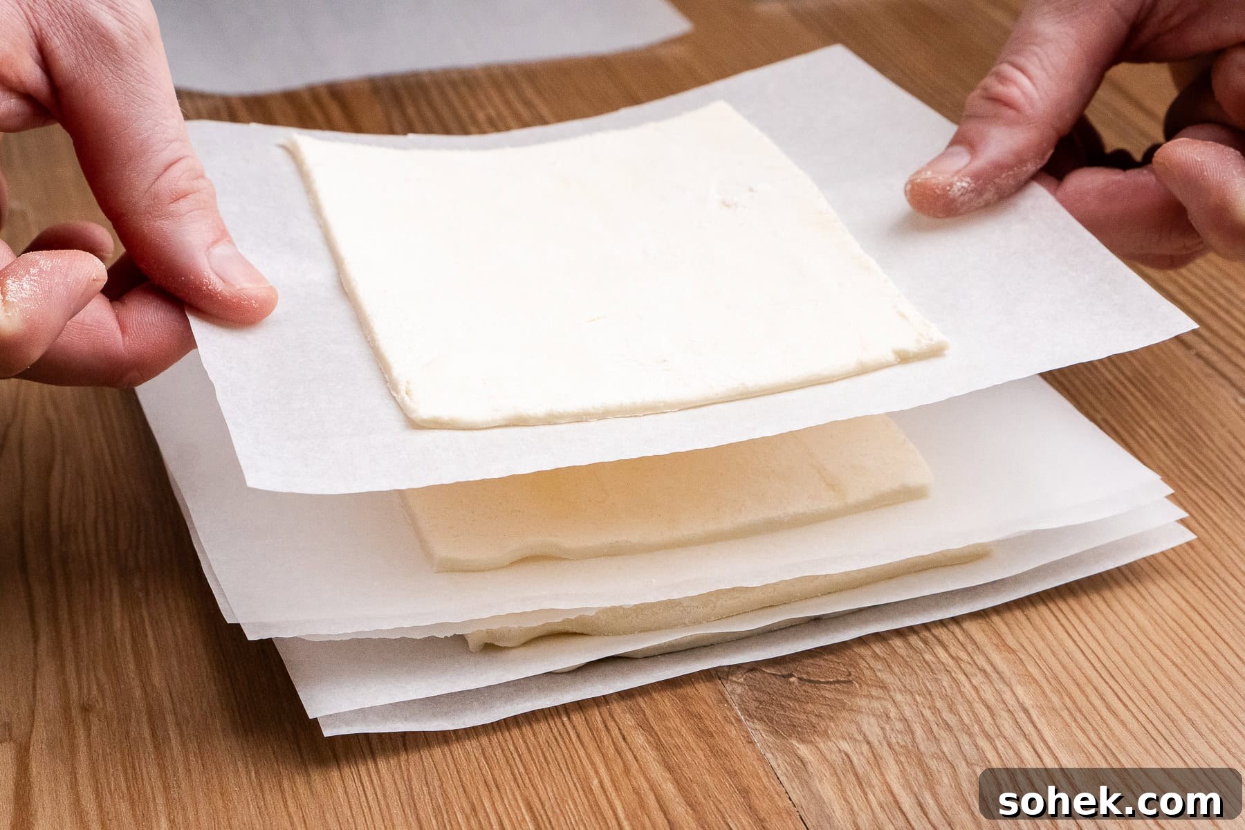 Greggs-Style Steak Bake Recipe: How to Make It at Home 32 Holding a square bit of parchment paper with a square shape piece of puff pastry is on top
