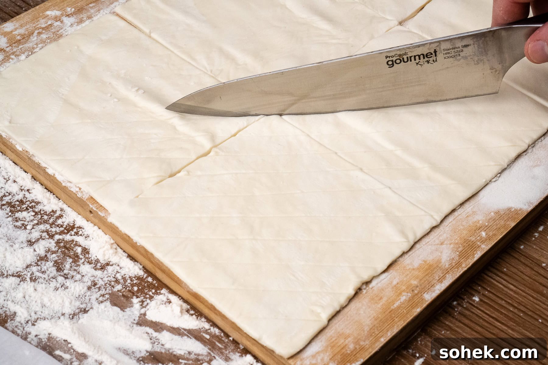 Greggs-Style Steak Bake Recipe: How to Make It at Home 33 Scoring the puff pastry squares using a Sharpe knife